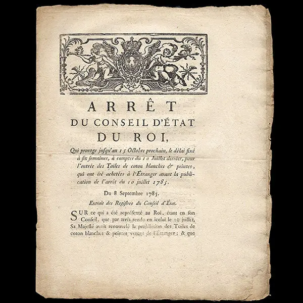 Arrêt Du Conseil D'etat Sur Les Toiles De Coton Blanches Et Peintes Provenant De L'étranger (1785) 1