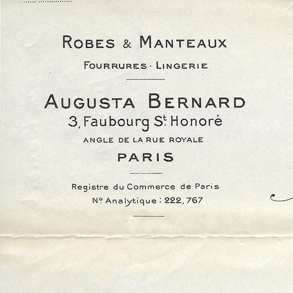 Augustabernard - Facture De La Maison De Couture, 3 Faubourg Saint-Honoré À Paris (1928) 2