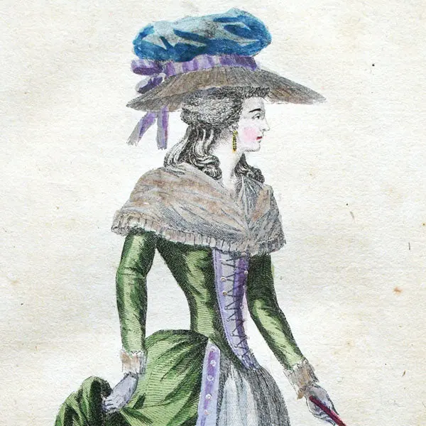 Cabinet Des Modes, Planche I, 17Ème Cahier - Robe Verte À Parements Violets (15 Juillet 1786) 2