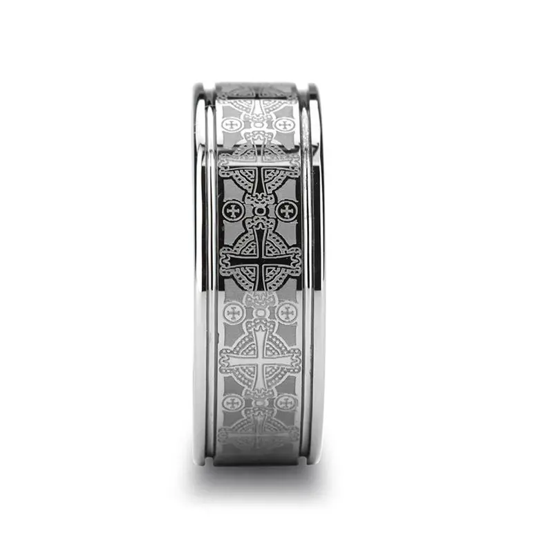 Deacon | Silver Tungsten Ring, Laser Engraved Celtic Crosses, Flat 2