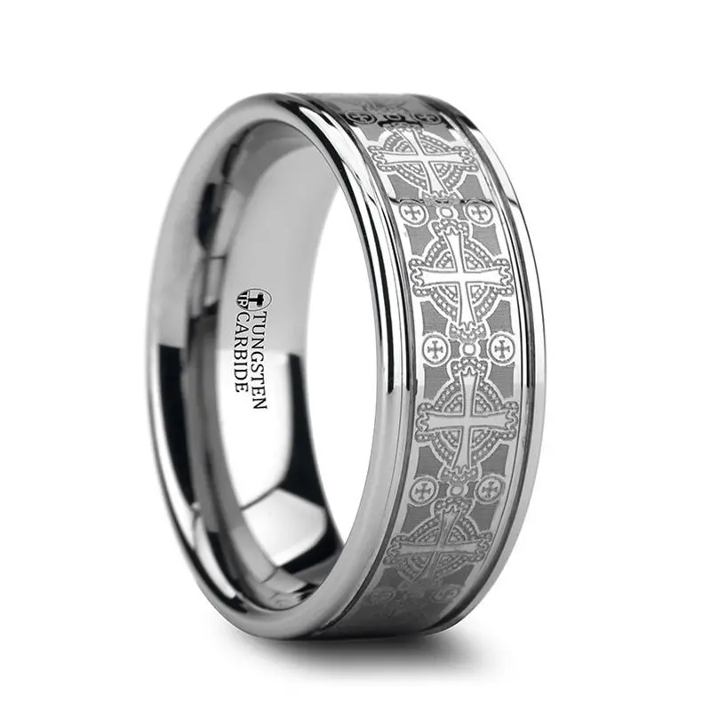 Deacon | Silver Tungsten Ring, Laser Engraved Celtic Crosses, Flat 1