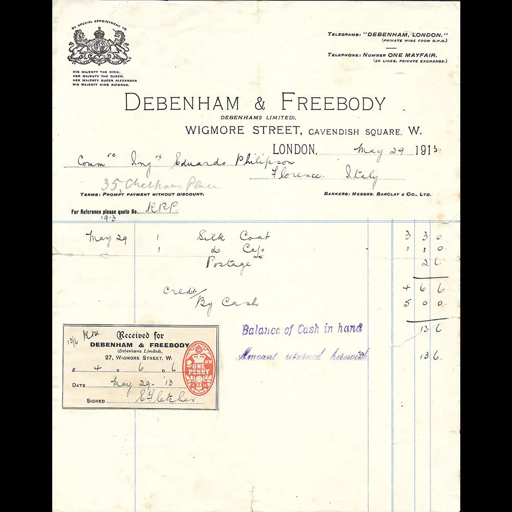 Debenham & Freebody - Facture Du Magasin, Wigmore Street, London (1913) 1