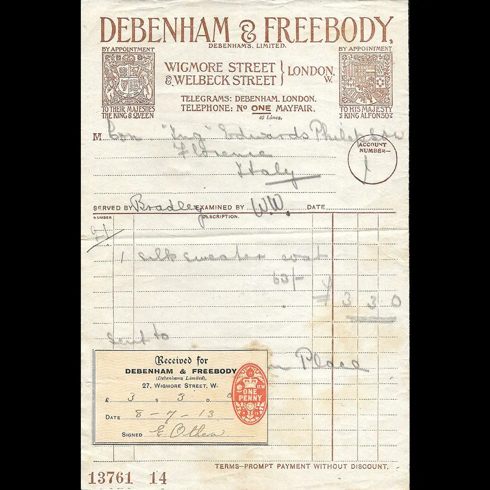 Debenham & Freebody - Facture Du Magasin, Wigmore Street, London (1913) 1
