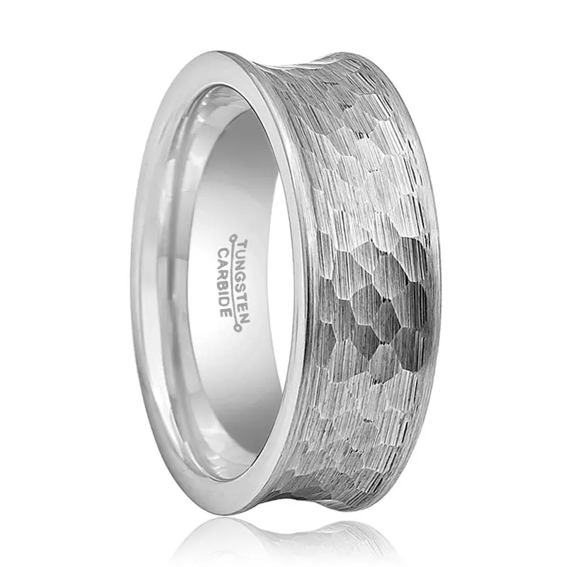 Decius | Silver Tungsten Ring, Hammered, Concave 1
