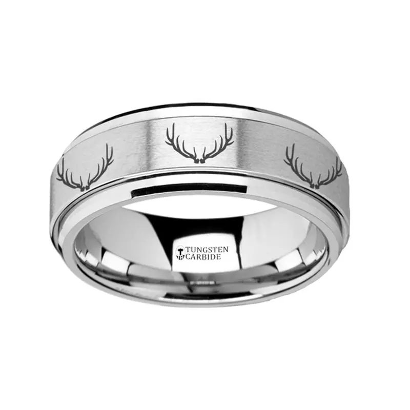 Deer Antlers Laser Engraved Tungsten Spinner Ring For Men With Step Edges - 8Mm 1