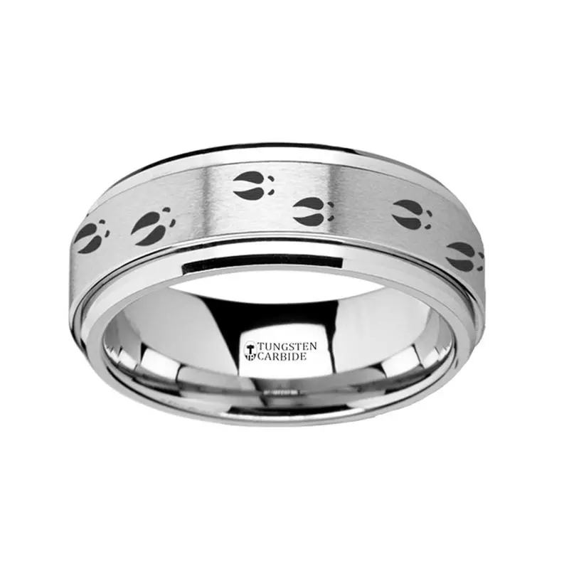Deer Tracks Engraved Spinning Tungsten Wedding Band For Men With Step Edges - 8Mm 1