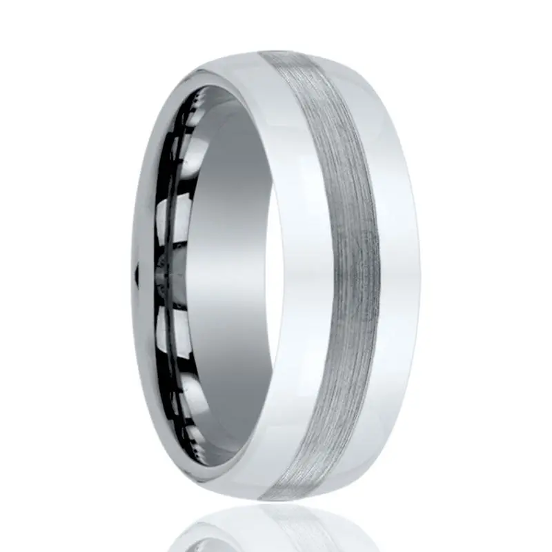 Defiance | Silver Tungsten Ring, Brushed Stripe Center, Domed 1
