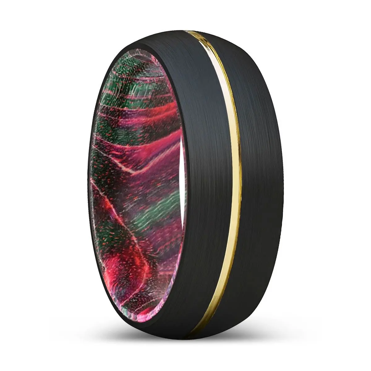 Defiant | Green & Red Wood, Black Tungsten Ring, Gold Groove, Domed 1