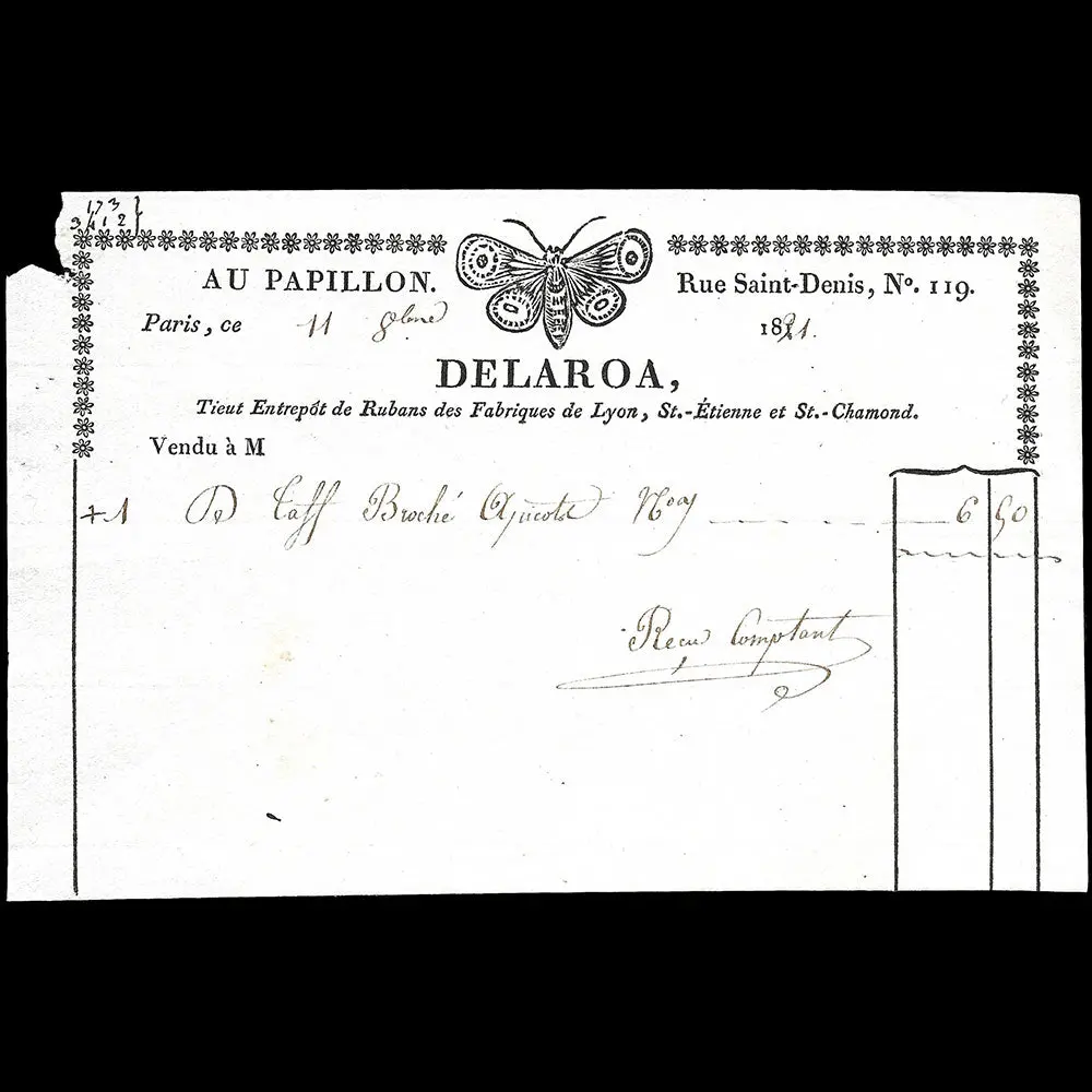 Delaroa - Facture Du Magasin De Rubans Au Papillon, 119 Rue Saint-Denis À Paris (1821) 1