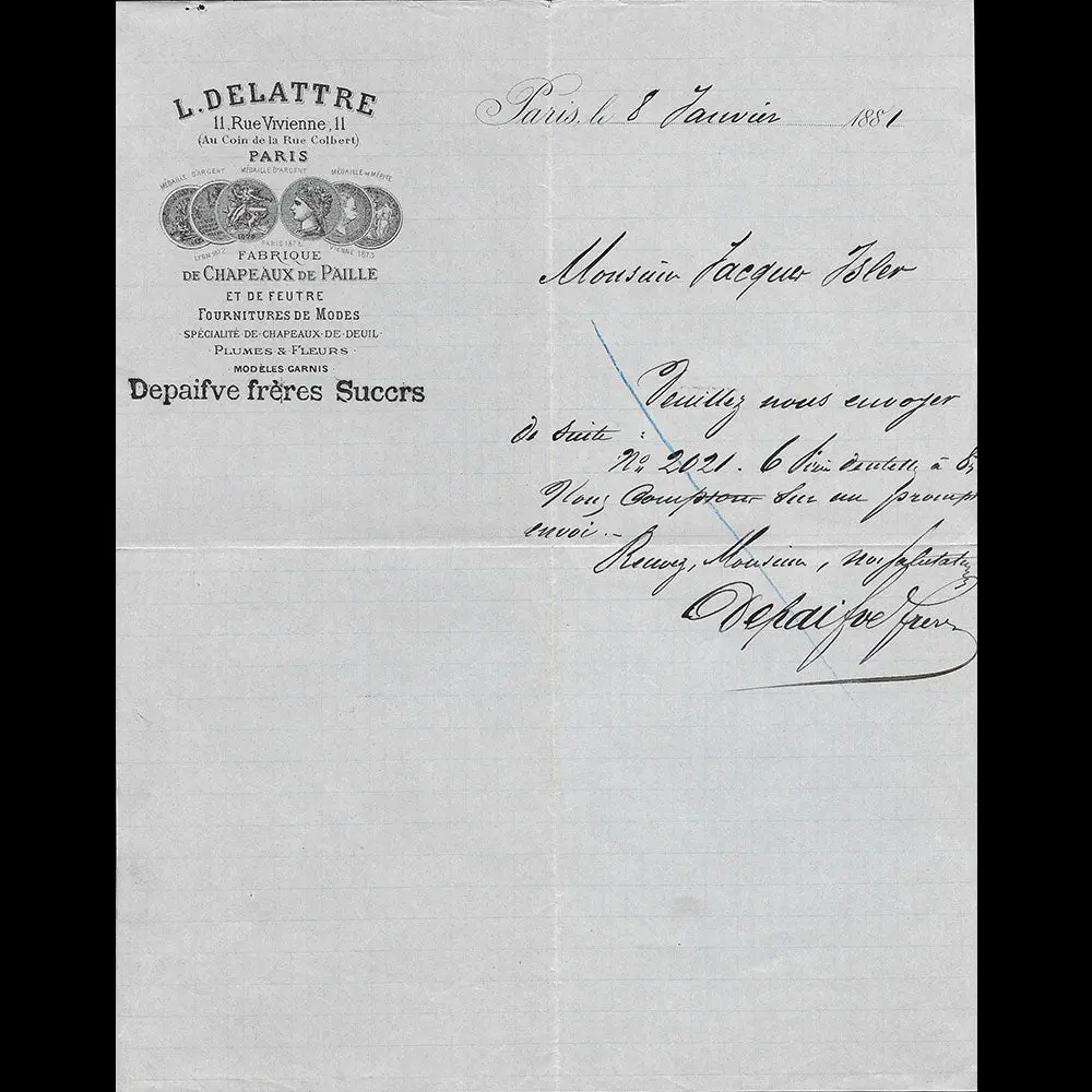 Delattre - Lettre De La Fabrique De Chapeaux, 11 Rue Vivienne Paris (1881) 1