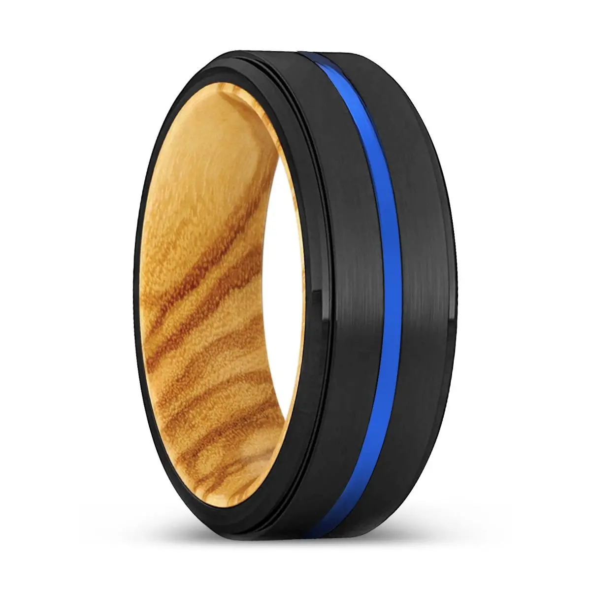 Delight | Olive Wood, Black Tungsten Ring, Blue Groove, Stepped Edge 1