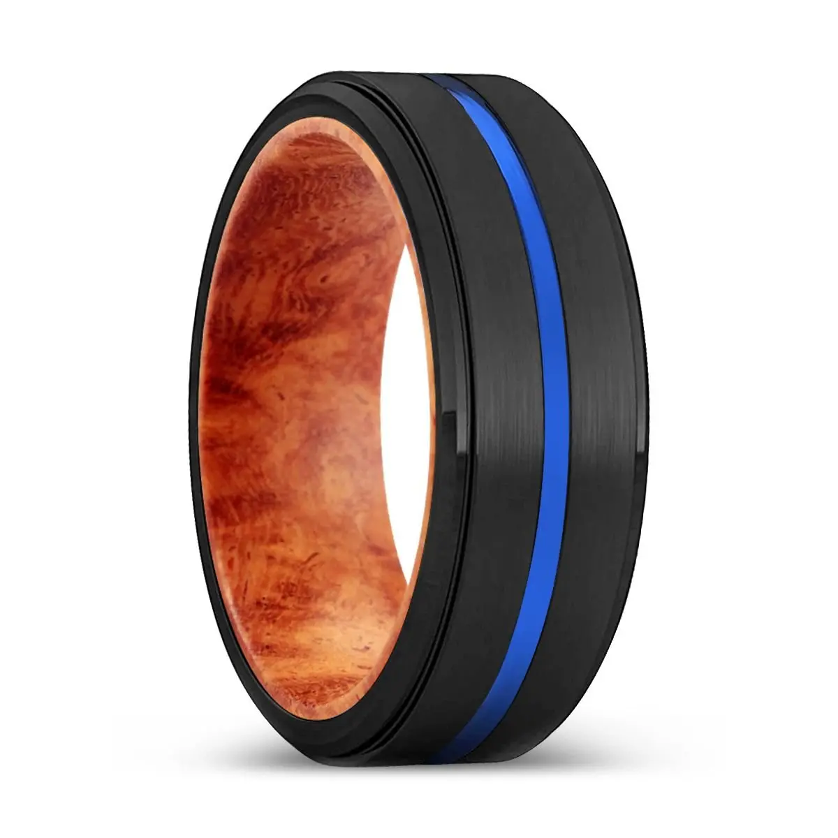 Delighted | Red Burl Wood, Black Tungsten Ring, Blue Groove, Stepped Edge 1