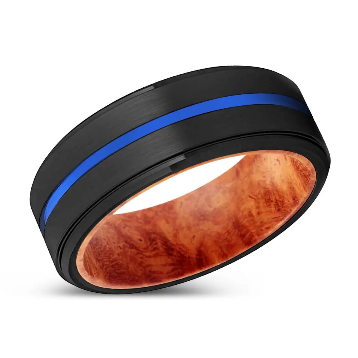 Delighted | Red Burl Wood, Black Tungsten Ring, Blue Groove, Stepped Edge 2