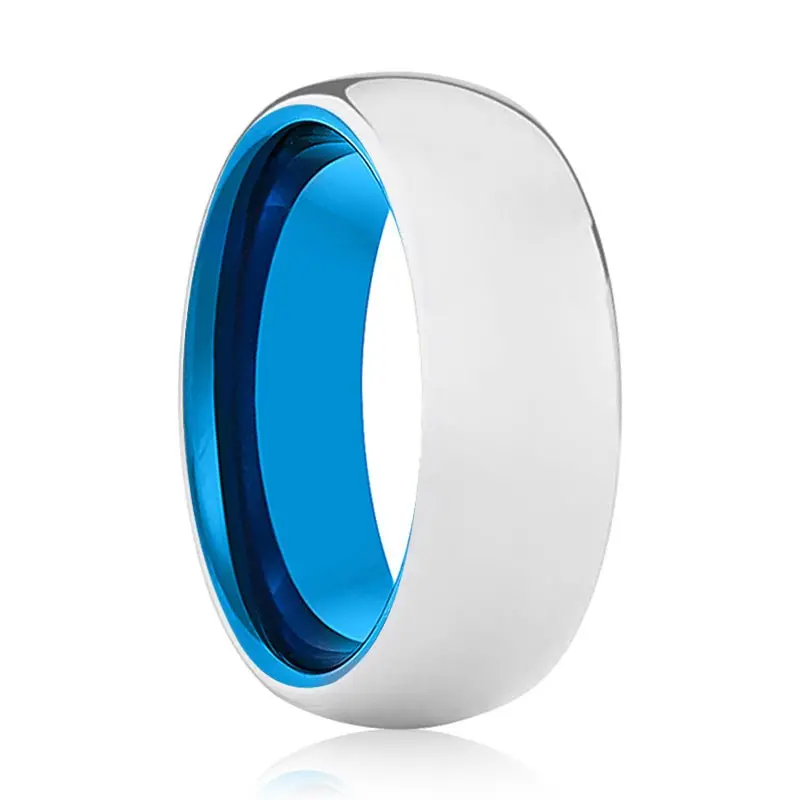 Delta | Blue Tungsten Ring, Silver Tungsten Ring, Shiny, Domed 1