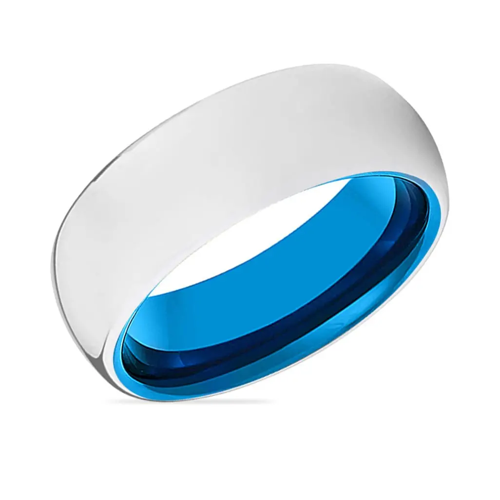 Delta | Blue Tungsten Ring, Silver Tungsten Ring, Shiny, Domed 2
