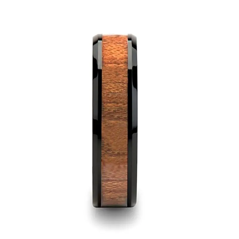 Denali | Black Ceramic Ring, Rose Wood Inlay, Beveled, 10Mm, 12Mm 1