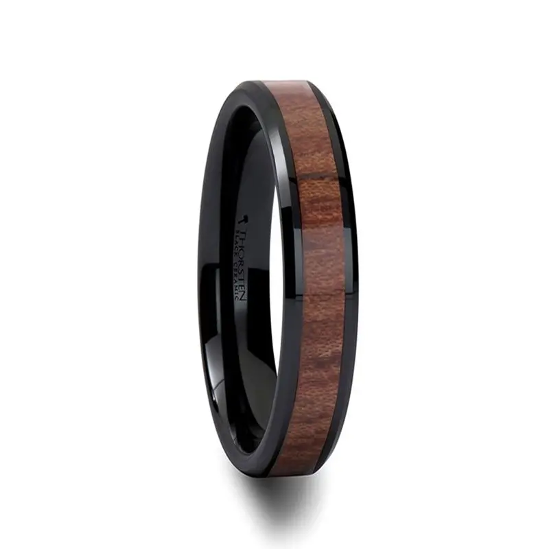 Denali | Black Ceramic Ring, Rose Wood Inlay, Beveled, 4Mm, 6Mm, 7Mm, 8Mm 1