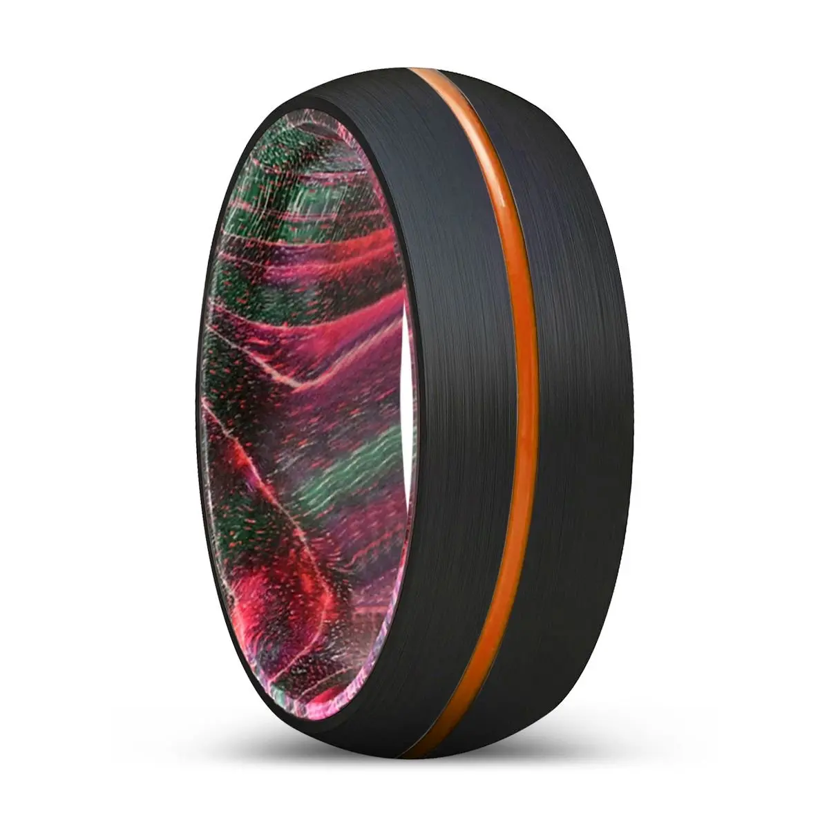 Dendro | Green & Red Wood, Black Tungsten Ring, Orange Groove, Domed 1