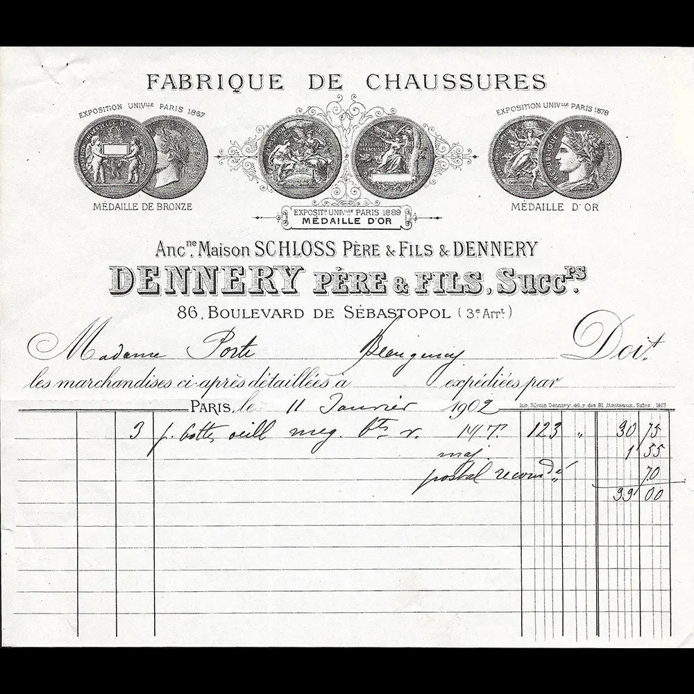 Dennery Père & Fils - Facture De La Fabrique De Chaussures, 2 Boulevard Sebastopol À Paris (1902) 1