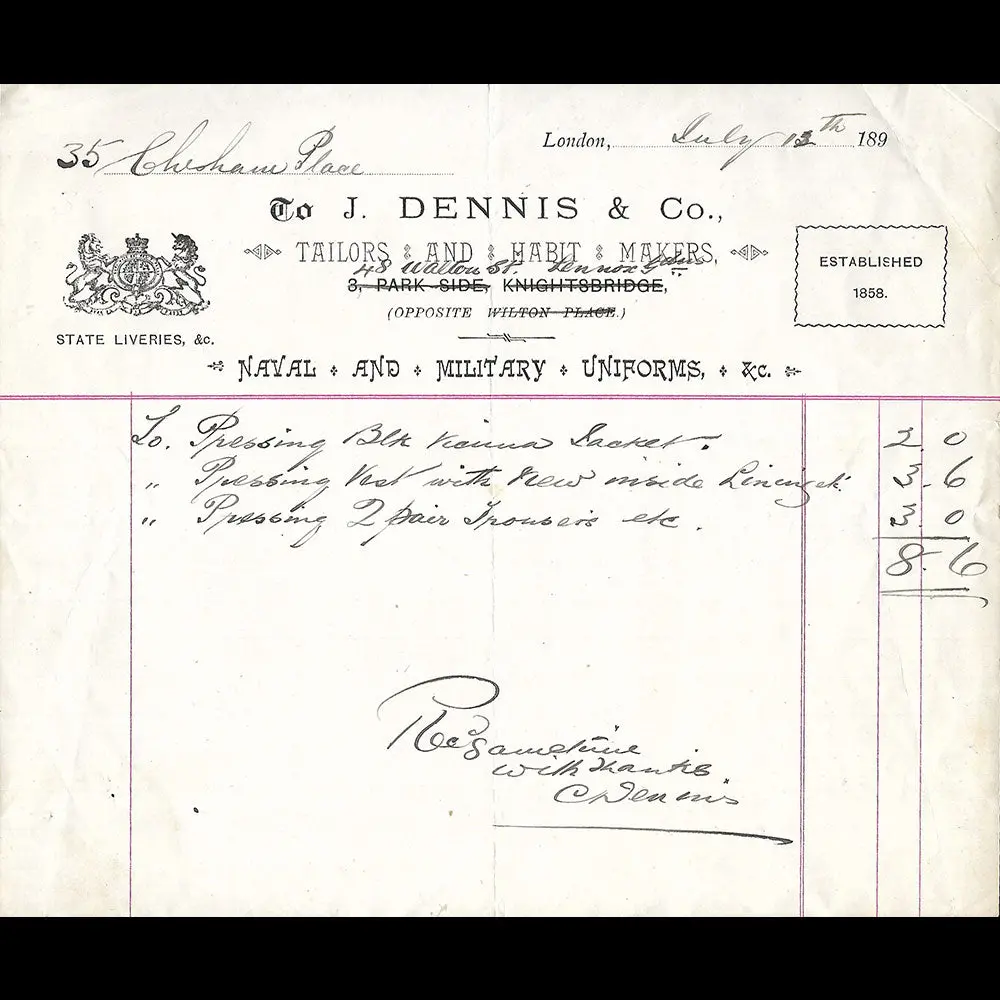 J. Dennis & Co - Facture Du Tailleur, 48 Walton Street, London (1890S) 1