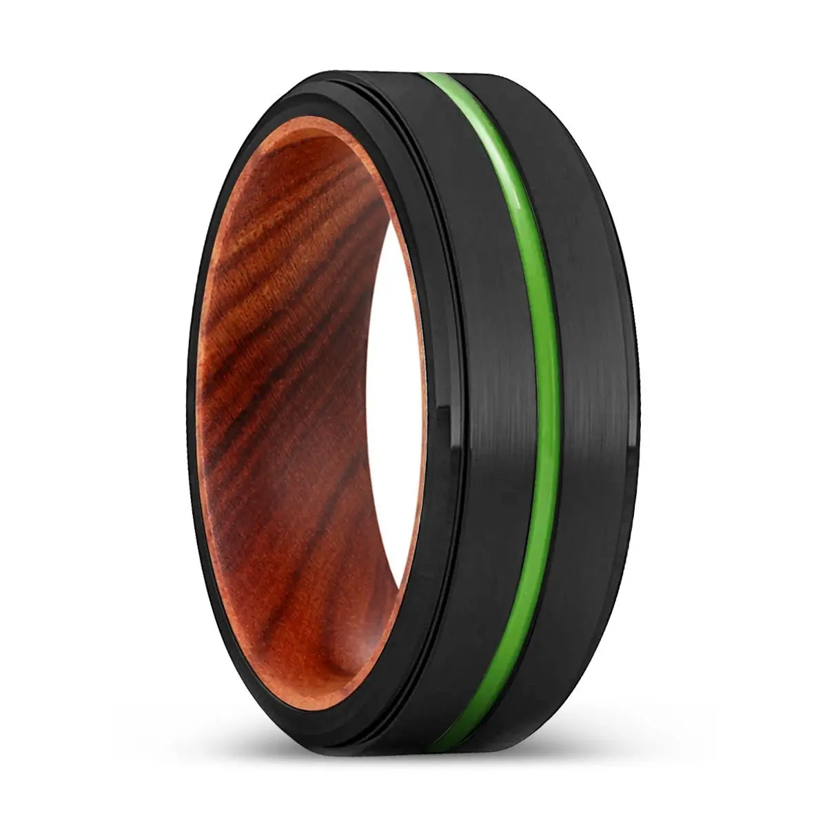 Denton | Iron Wood, Black Tungsten Ring, Green Groove, Stepped Edge 1