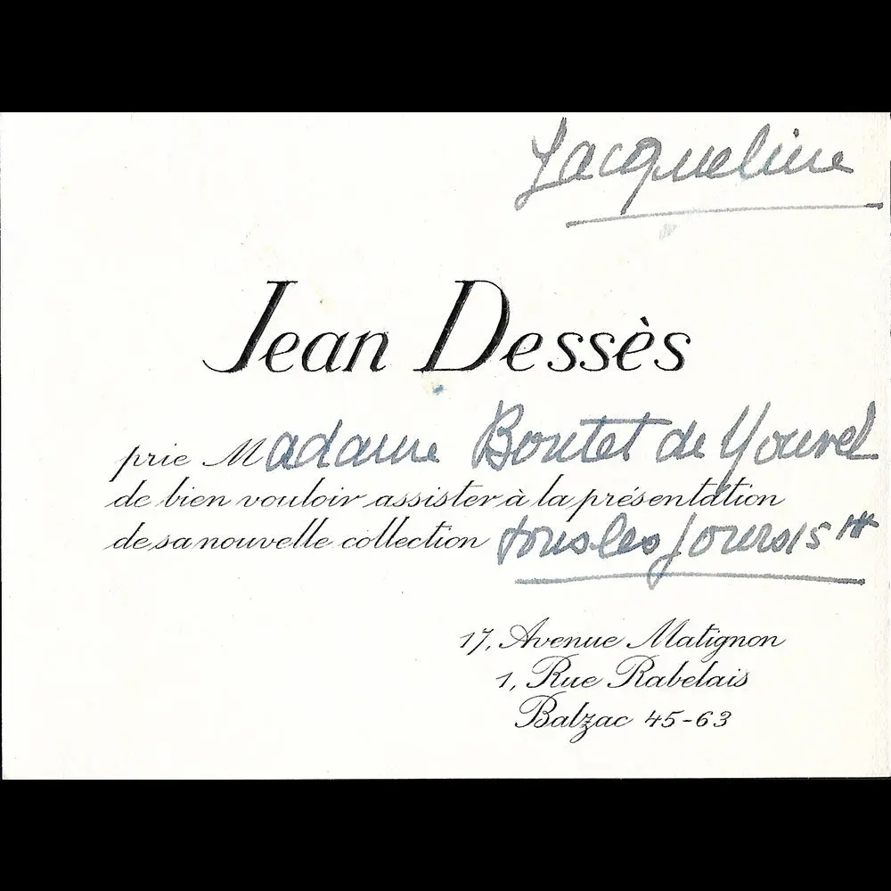 Jean Dessès - Carton D'invitation De La Maison De Couture, 17 Avenue Matignon À Paris (1950S) 1