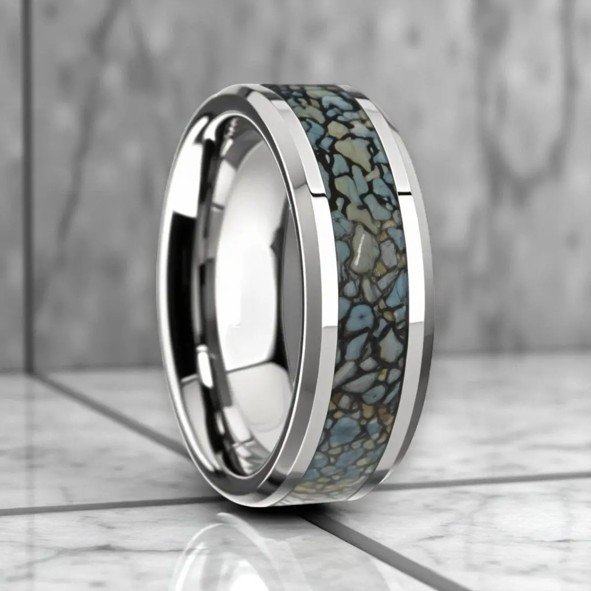 Devonian | Blue Dinosaur Bone Tungsten Wedding Band 1
