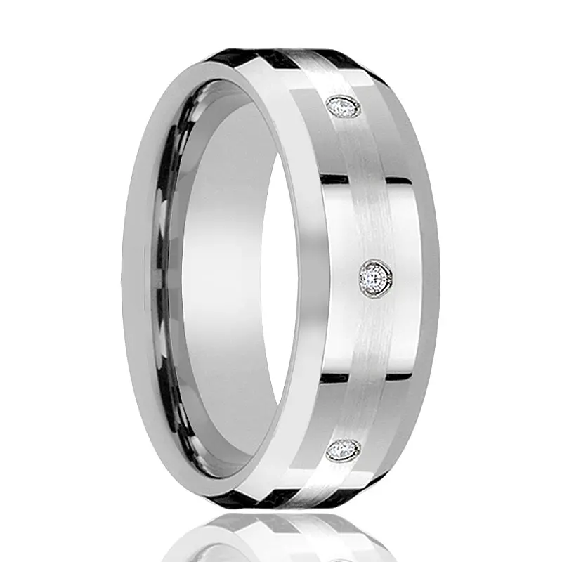 Devonshire | Silver Tungsten Ring Palladium Inlay & Diamonds, Beveled 1