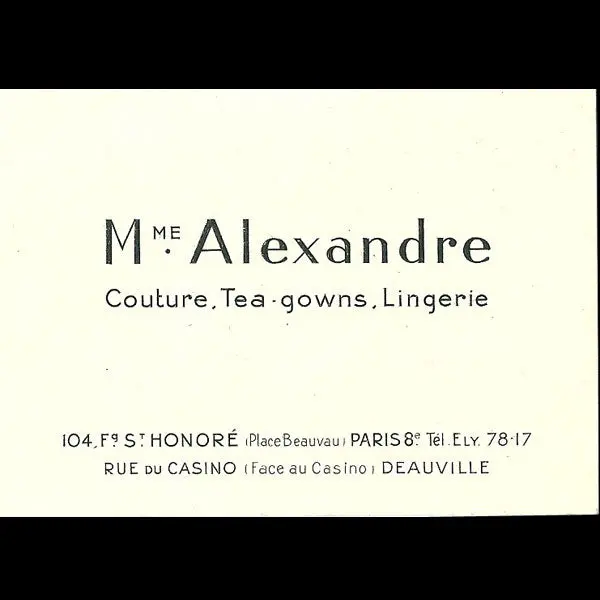 Carton De Visite De La Maison Madame Alexandre, 104 Faubourg Saint Honoré À Paris (Circa 1930) 1