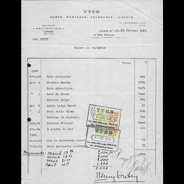 Yteb - Facture De La Maison De Couture, 14 Rue Royale À Paris (1925) 1