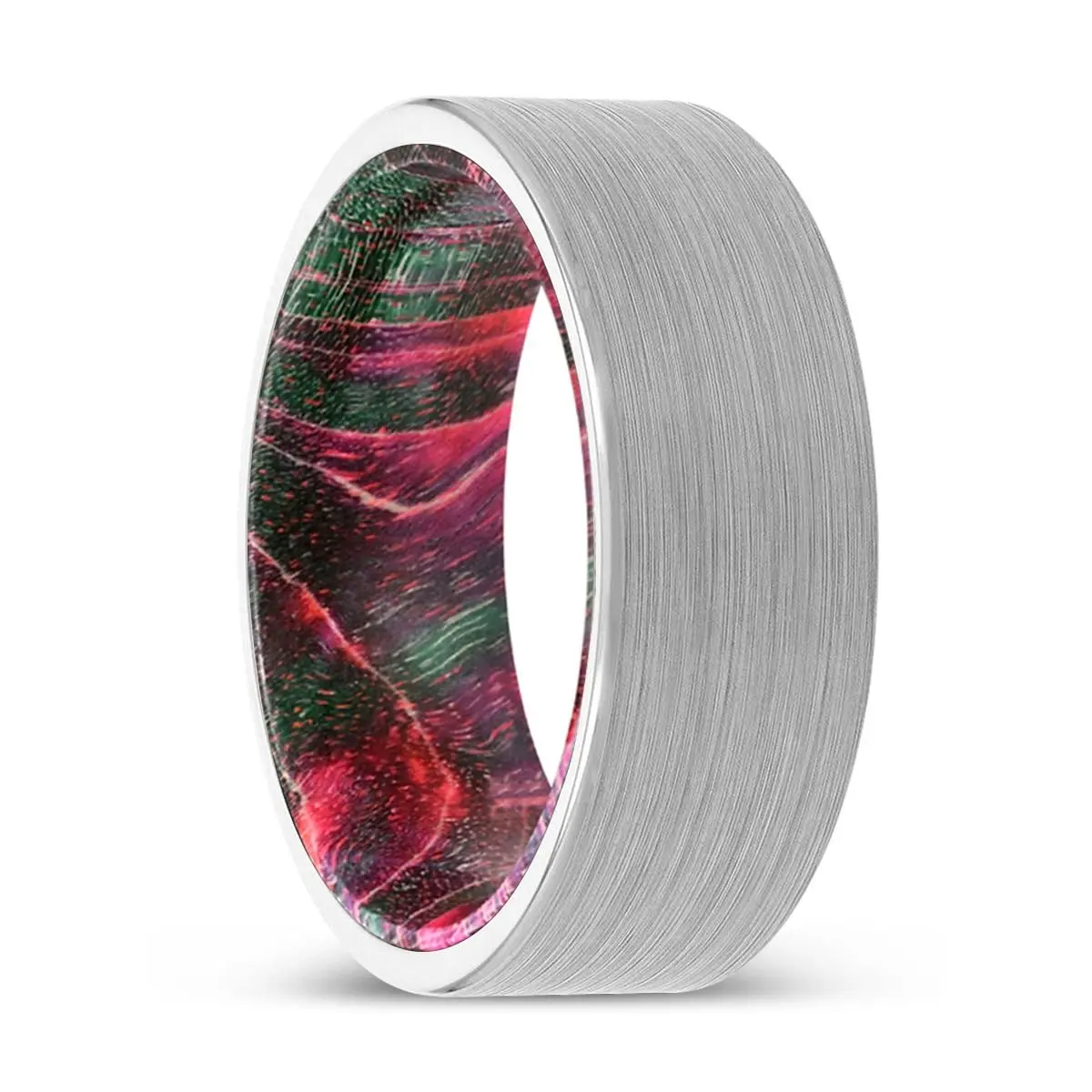 Diego | Green & Red Wood, White Tungsten Ring, Brushed, Flat 1