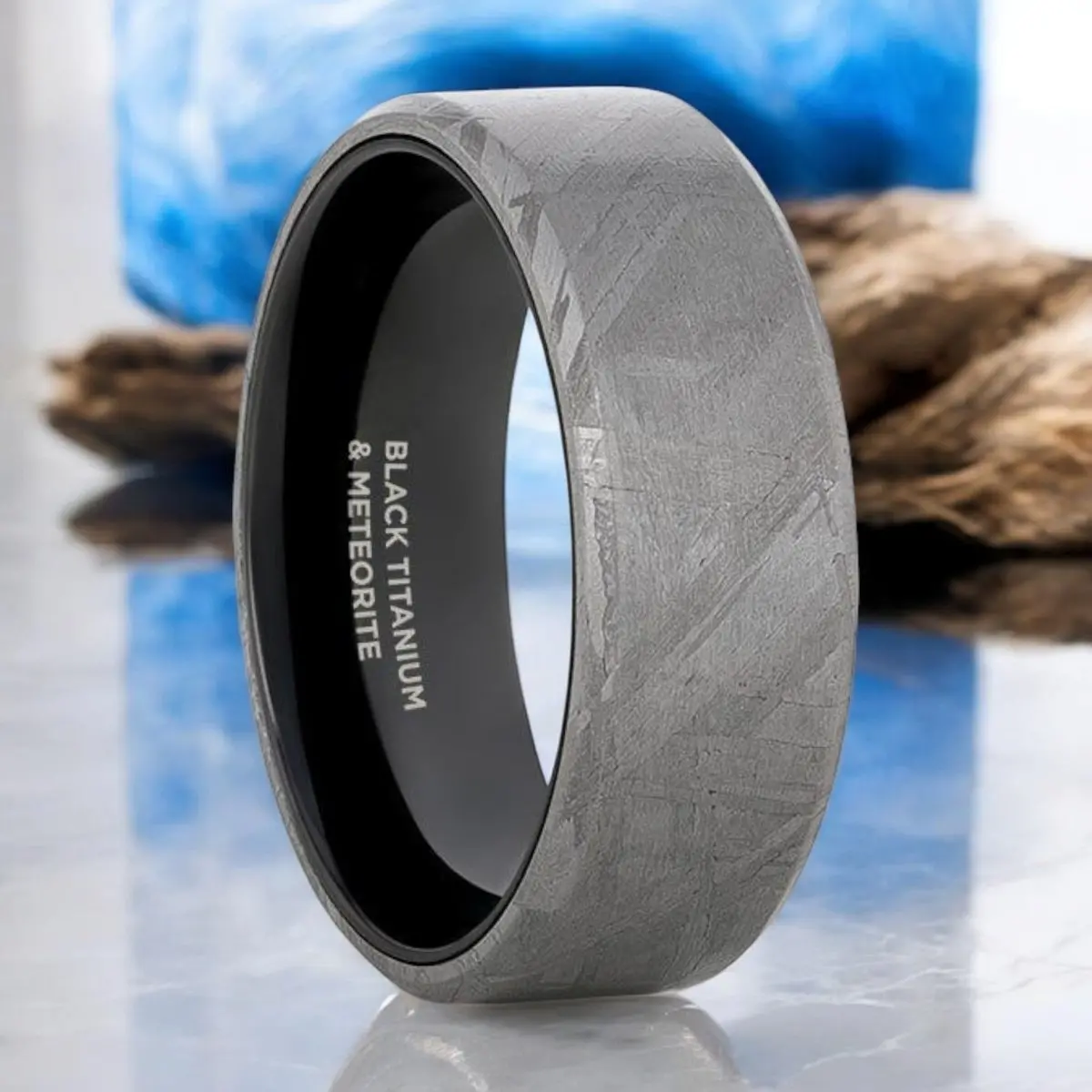 Diemos | Black Titanium Ring, Meteorite Inlay, Beveled 1