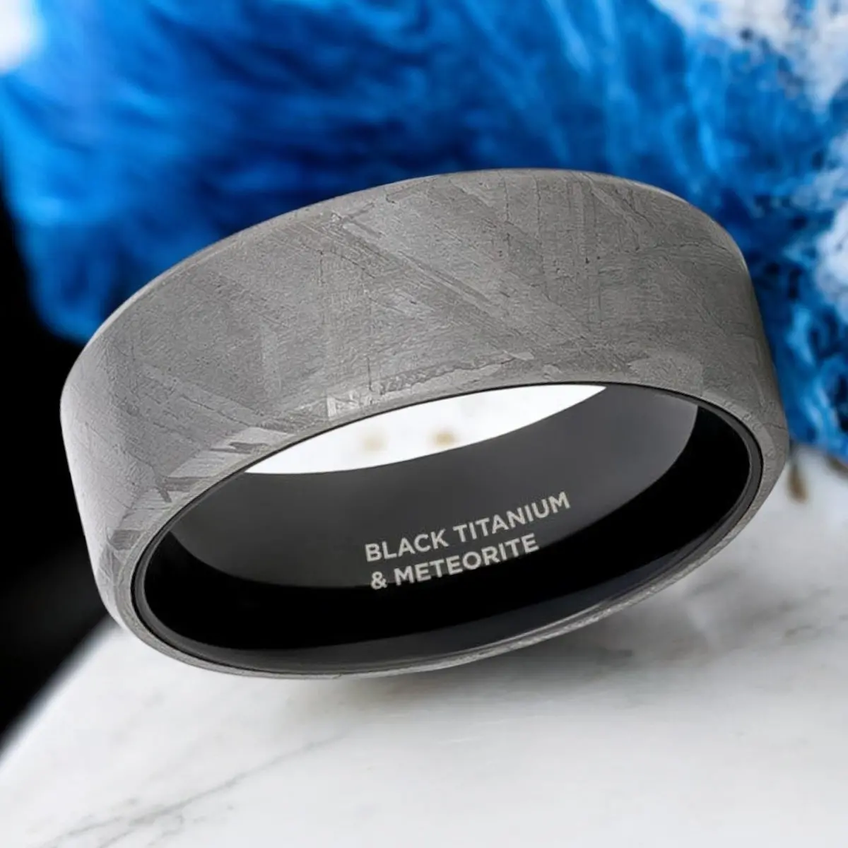 Diemos | Black Titanium Ring, Meteorite Inlay, Beveled 2