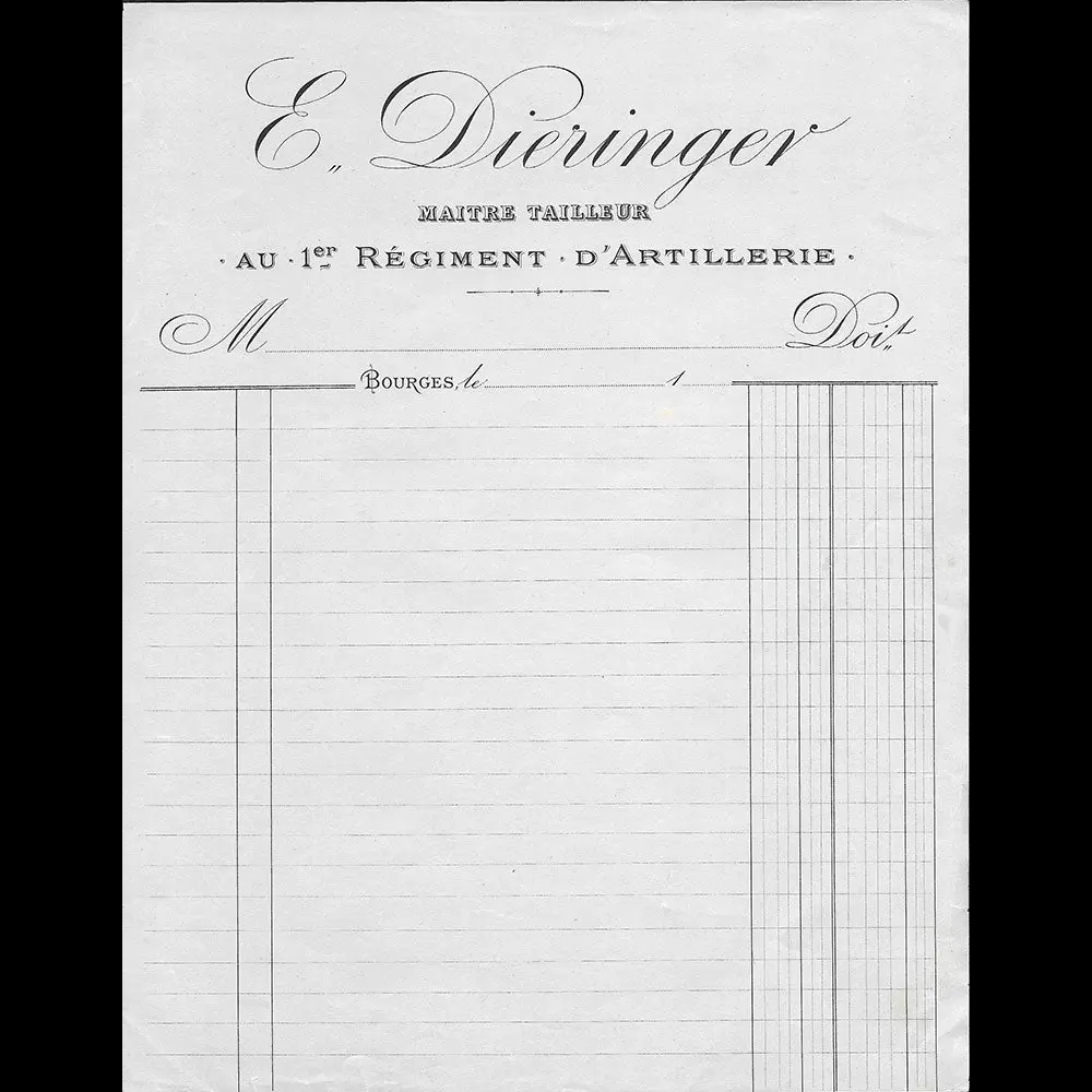 Dieringer - Facture Du Maître Tailleur Au 1Er Régiment D'artillerie, À Bourges (1890S) 1