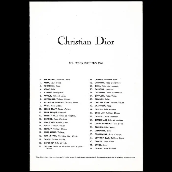 Christian Dior - Programme De La Collection Printemps 1964 1