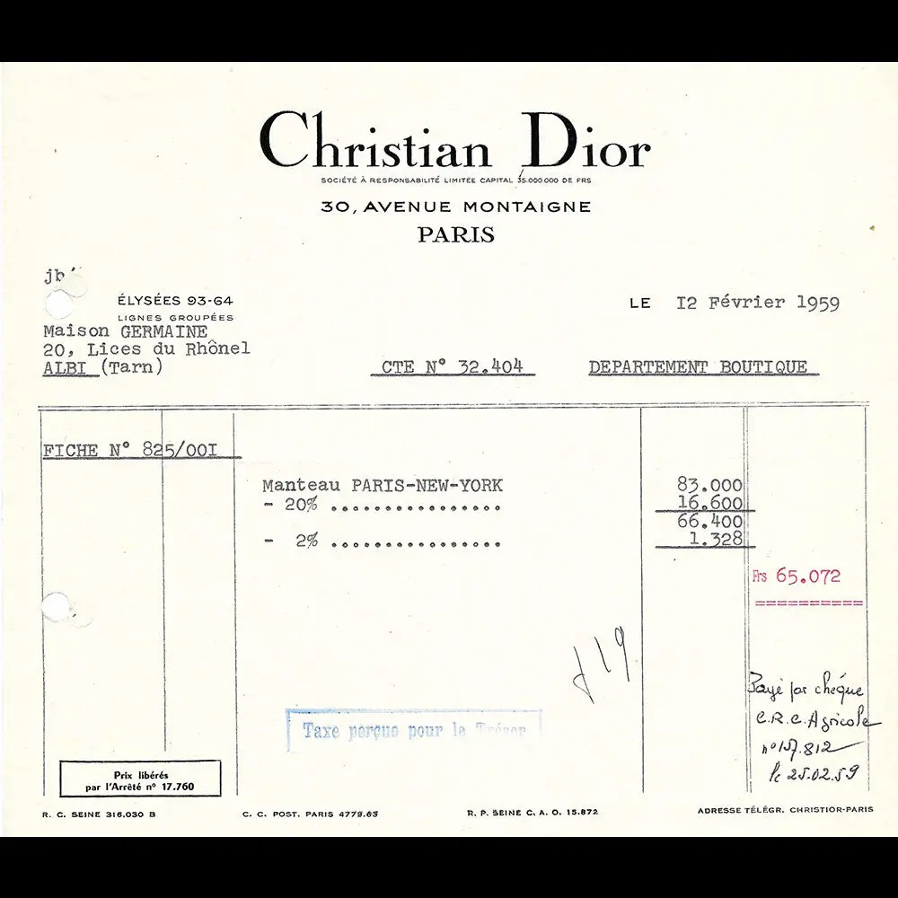 Christian Dior - Facture D'un Manteau Voyageur (1959) 1