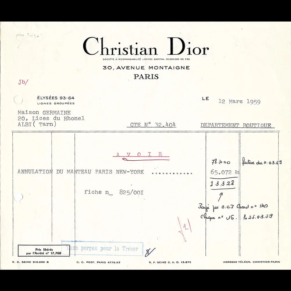 Christian Dior - Facture D'un Manteau Paris-New York (1959) 1