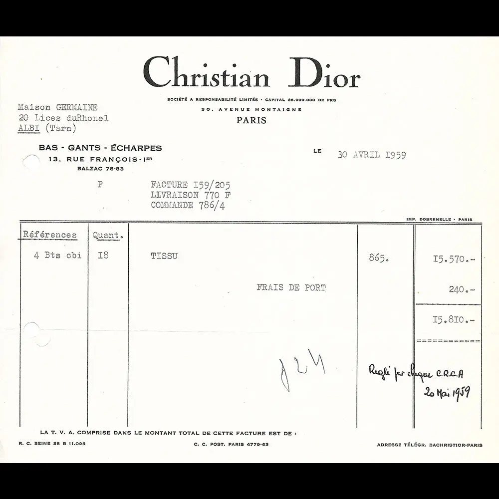 Christian Dior - Facture D'achat De Tissu (1959) 1