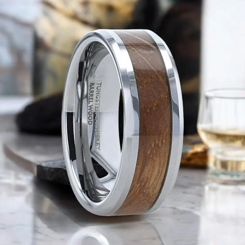 Distilled | Silver Tungsten Ring, Whiskey Barrel Inlay, Beveled 1