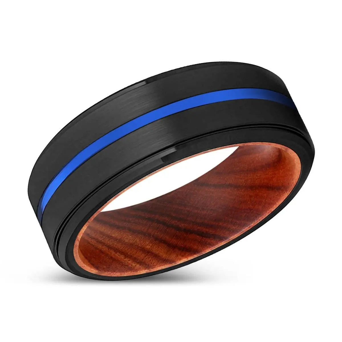 Doc | Iron Wood, Black Tungsten Ring, Blue Groove, Stepped Edge 2