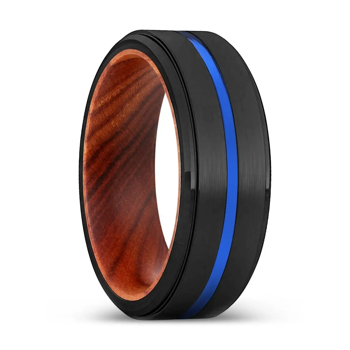 Doc | Iron Wood, Black Tungsten Ring, Blue Groove, Stepped Edge 1