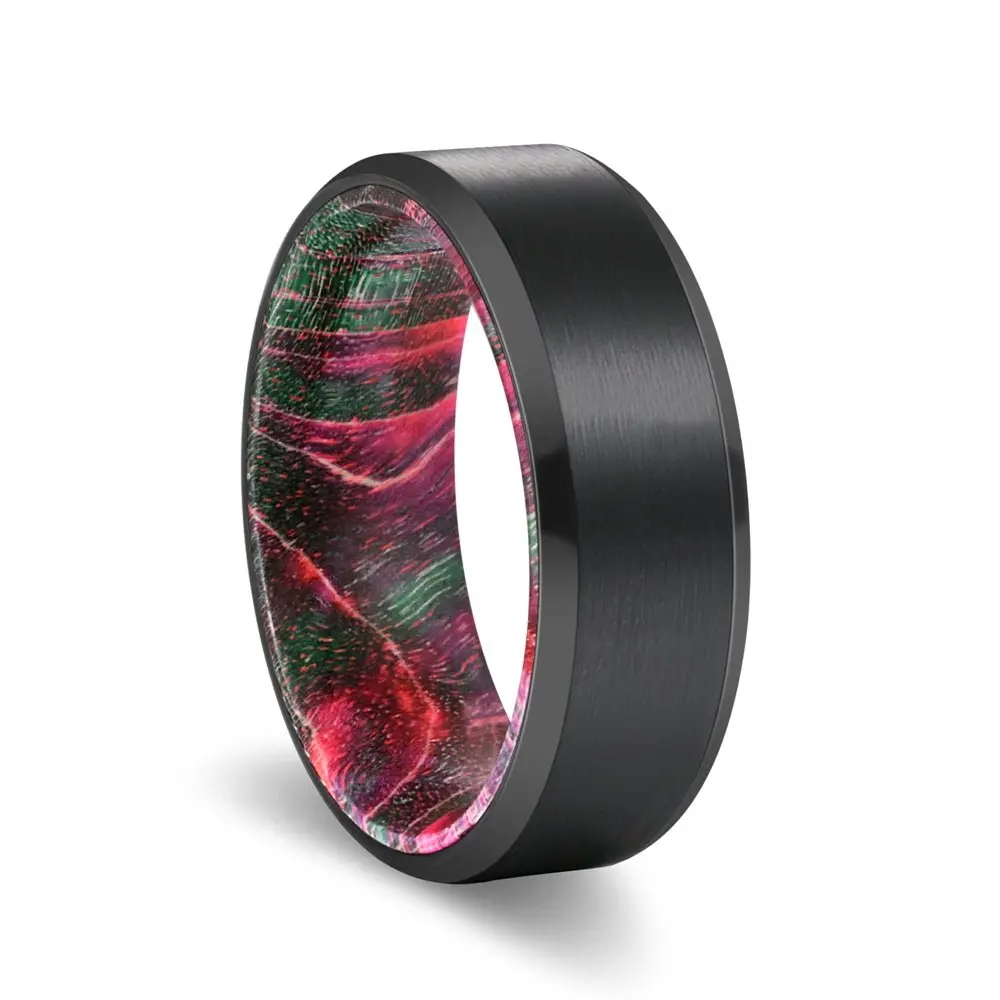 Donaldson | Green And Red Wood, Black Tungsten Ring, Brushed, Beveled 1