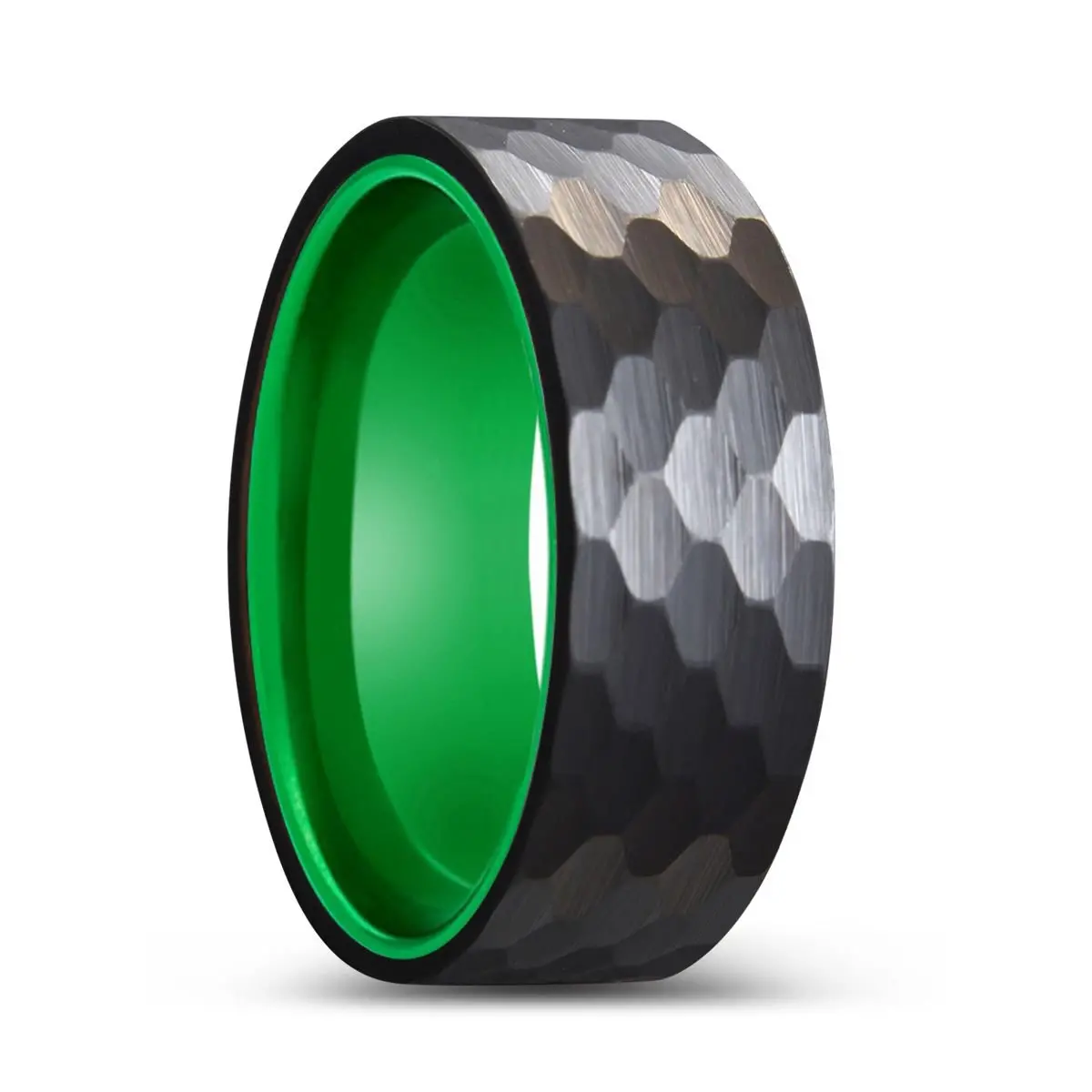 Dragonfly | Green Ring, Black Tungsten Ring, Hammered, Flat 1