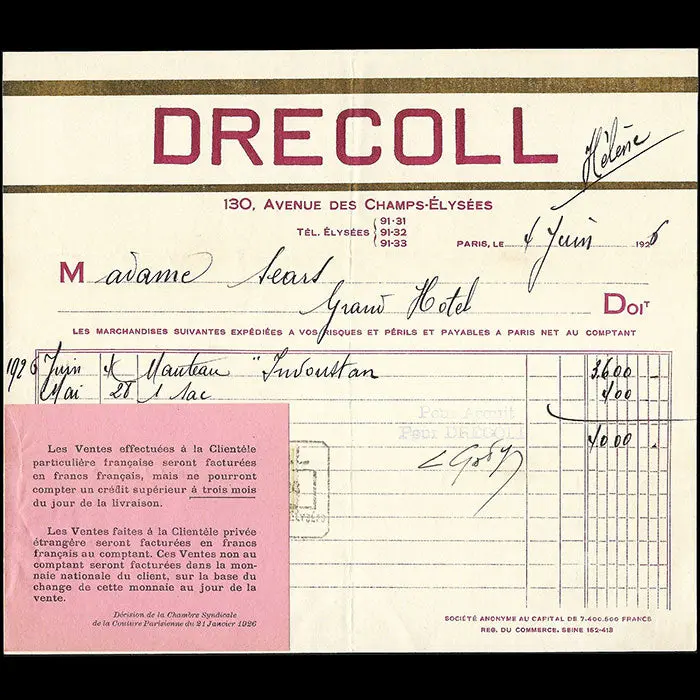 Drecoll - Facture De La Maison De Couture, 140 Avenue Des Champs-Elysées À Paris (1926) 1