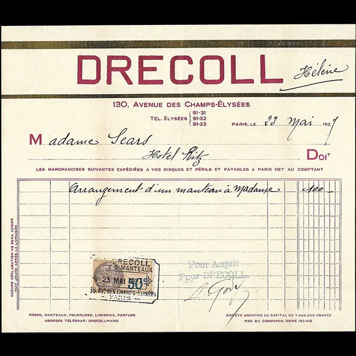Drecoll - Facture De La Maison De Couture, 140 Avenue Des Champs-Elysées À Paris (1927) 1