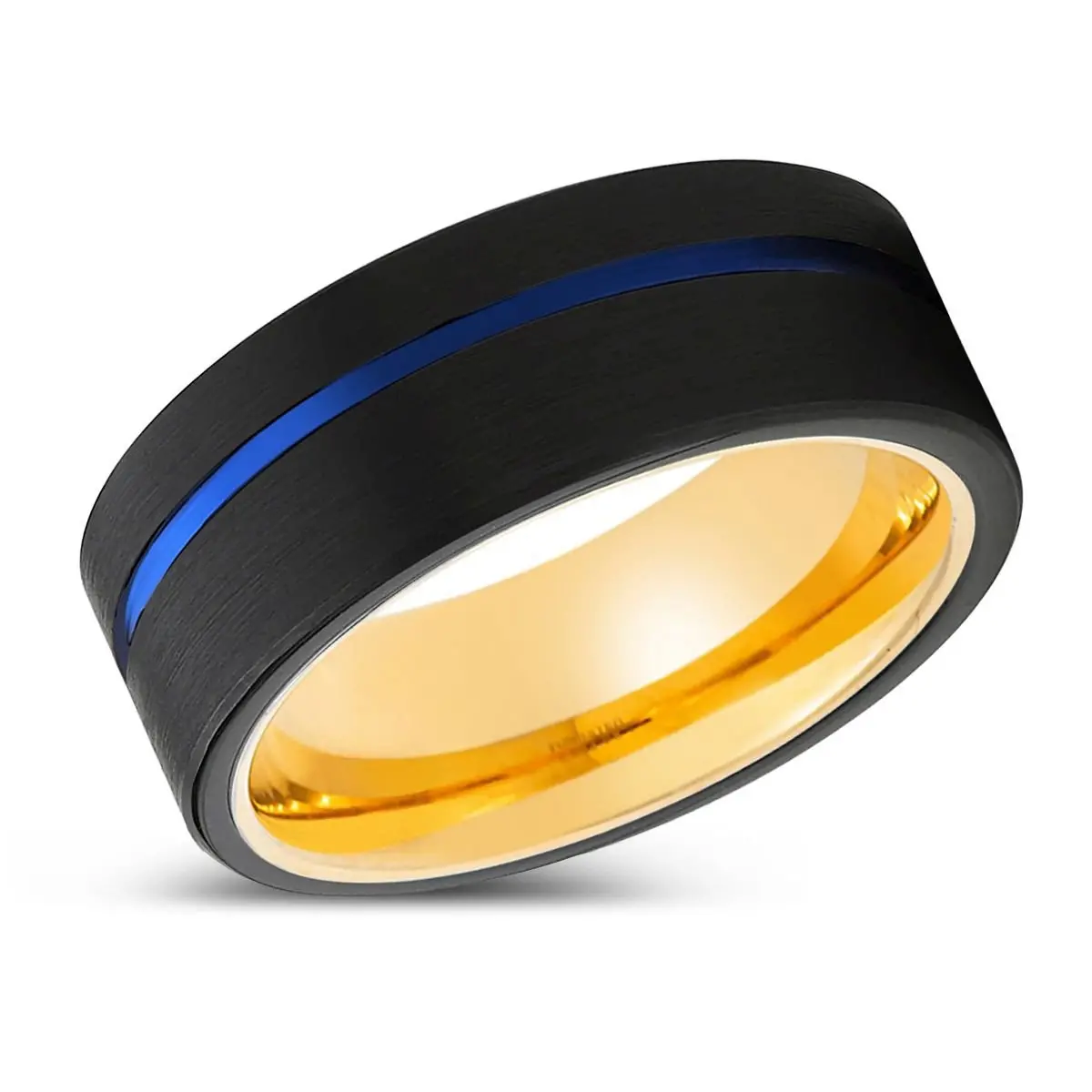 Drifter | Gold Ring, Black Tungsten Ring, Blue Offset Groove, Flat 2
