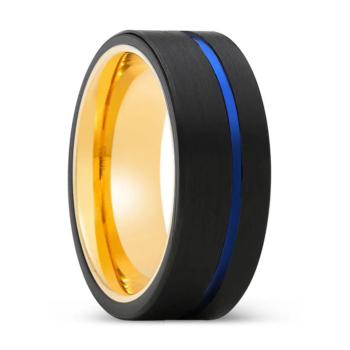 Drifter | Gold Ring, Black Tungsten Ring, Blue Offset Groove, Flat 1
