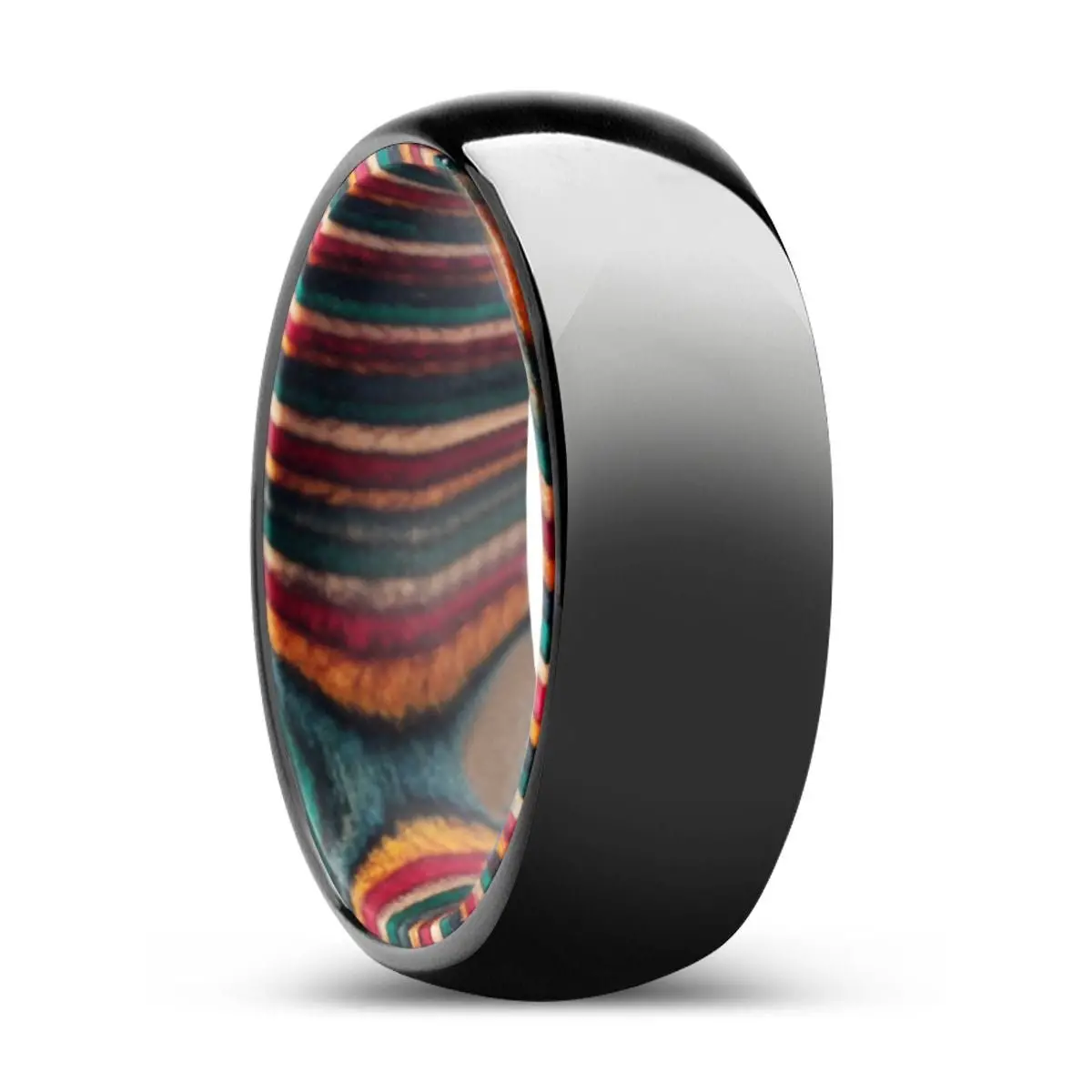 Driftwood | Multi Color Wood, Black Tungsten Ring, Shiny, Domed 1