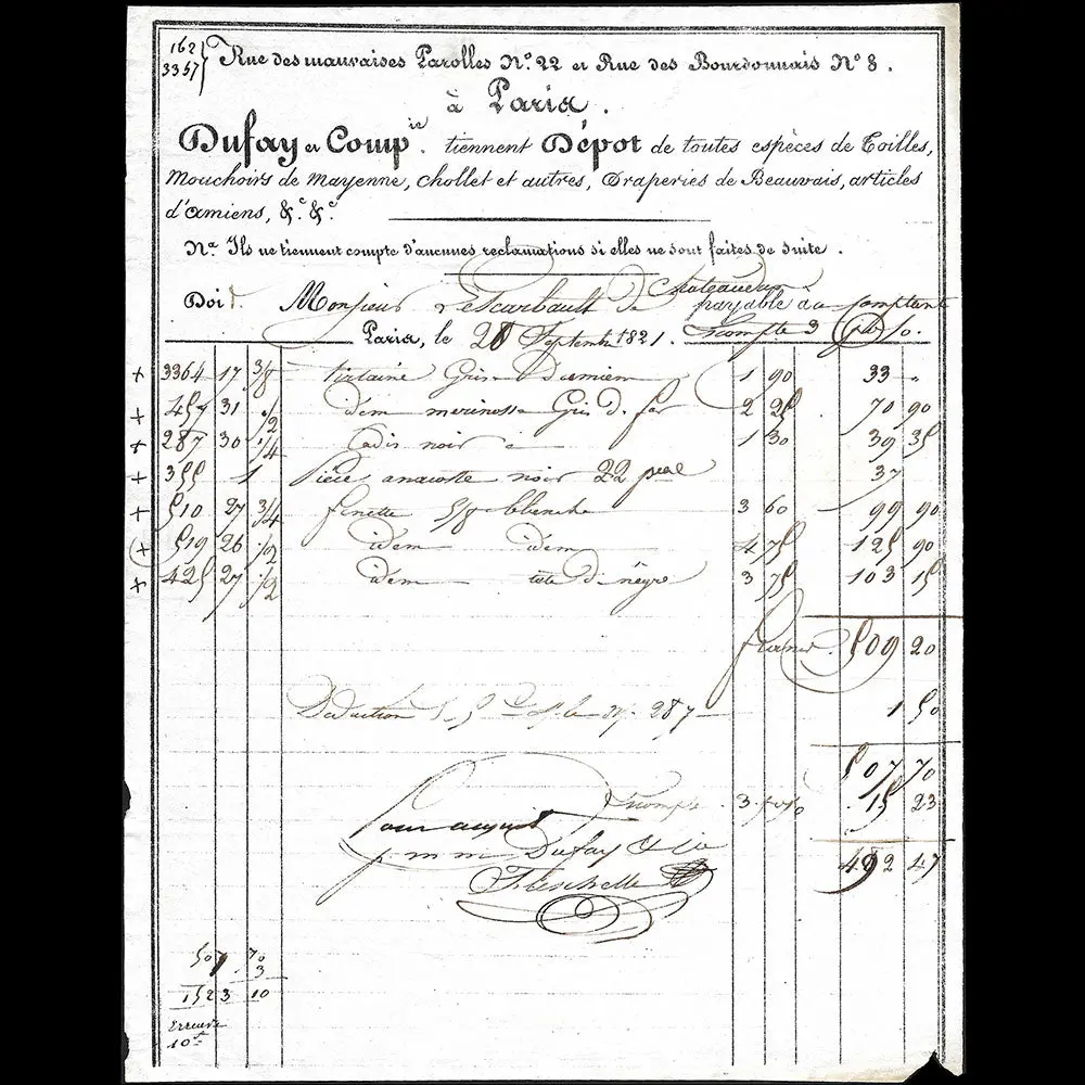 Dufay Et Cie - Facture Du Magasin De Tissus, 22 Rue Des Mauvaises Paroles Et 8 Rue Des Bourdonnais À Paris (1821) 1