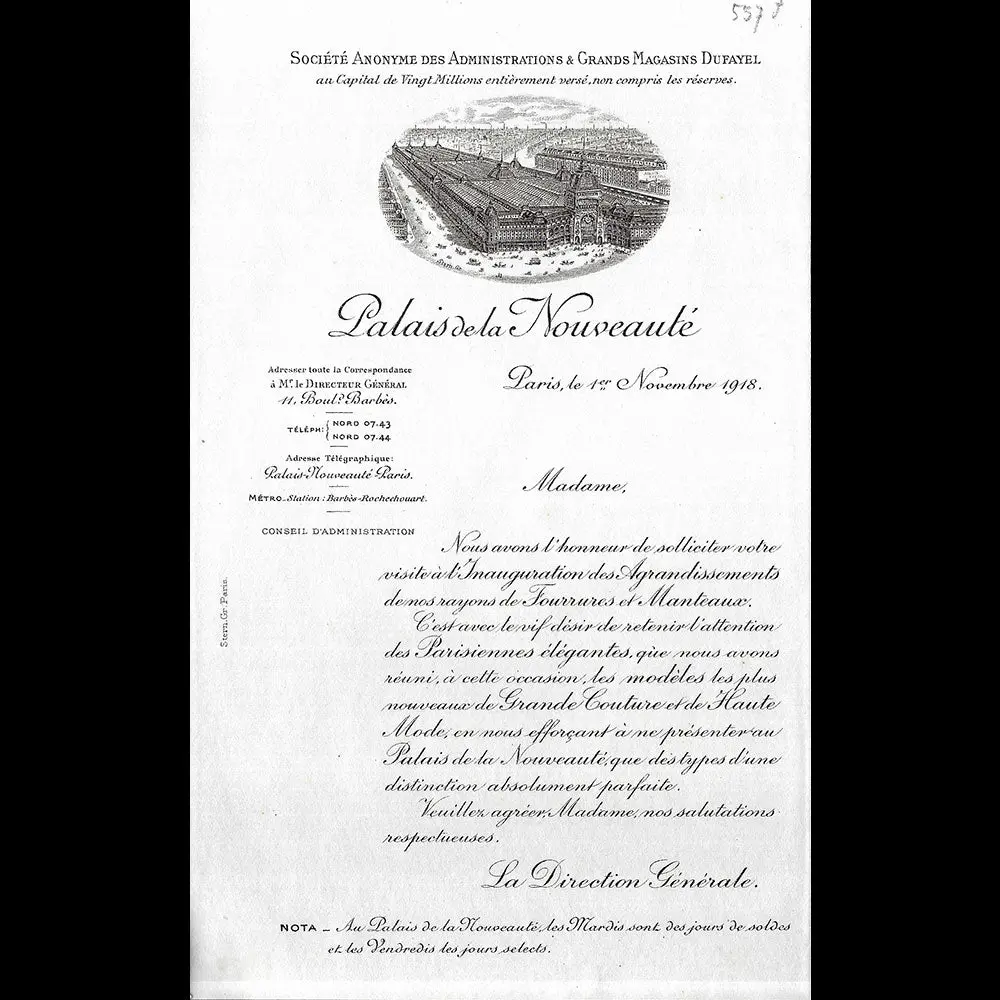 Dufayel, Palais De La Nouveauté - Invitation À L'inauguration Des Agrandissements Des Rayons Fourrures Et Manteaux (1918) 1
